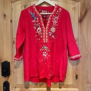 Johnny Was Embroidered Tunic Top Red Floral Boho Festival Peasant Blouse Relaxed